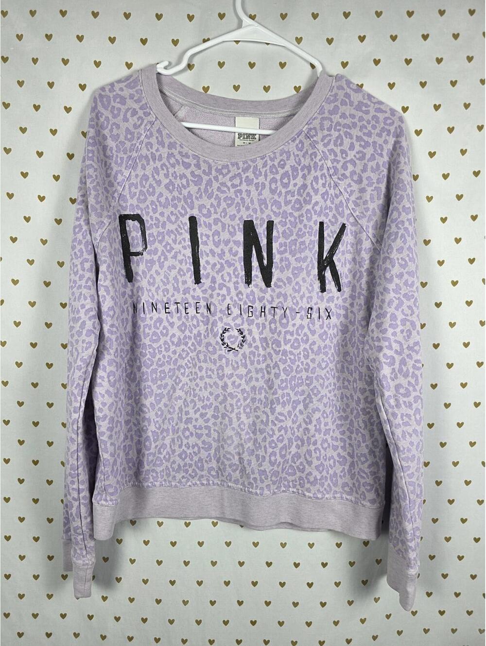 Victorias Secret PINK Cheetah Leopard Purple Logo Sweater Shirt MEDIUM
